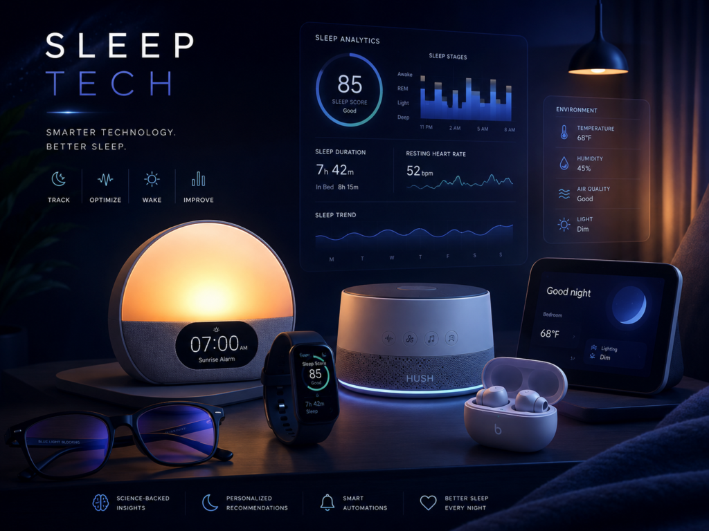 Precision Shopping Center | Fast & Simplified 11 Sleep tech hero image showing smart sleep tracker, sunrise alarm clock, white noise machine, sleep earbuds, blue light blocking glasses and bedroom sleep analytics