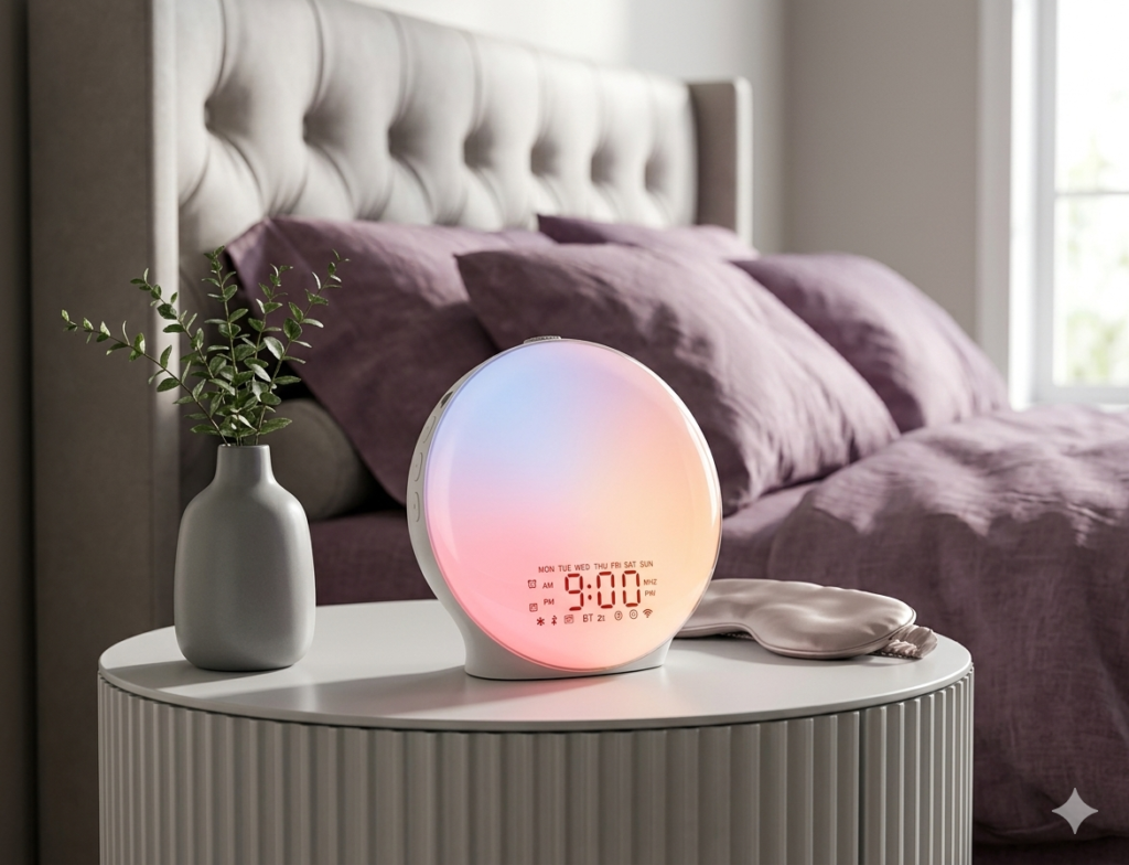 Sleep Tech: The Smart 2026 Bedroom Revolution for Deeper, Restorative Sleep. 4 Smart sunrise alarm clock with a glowing color-changing LED face displaying 9:00 on a modern bedside table next to a silk sleep mask and a small ceramic vase with green sprigs.