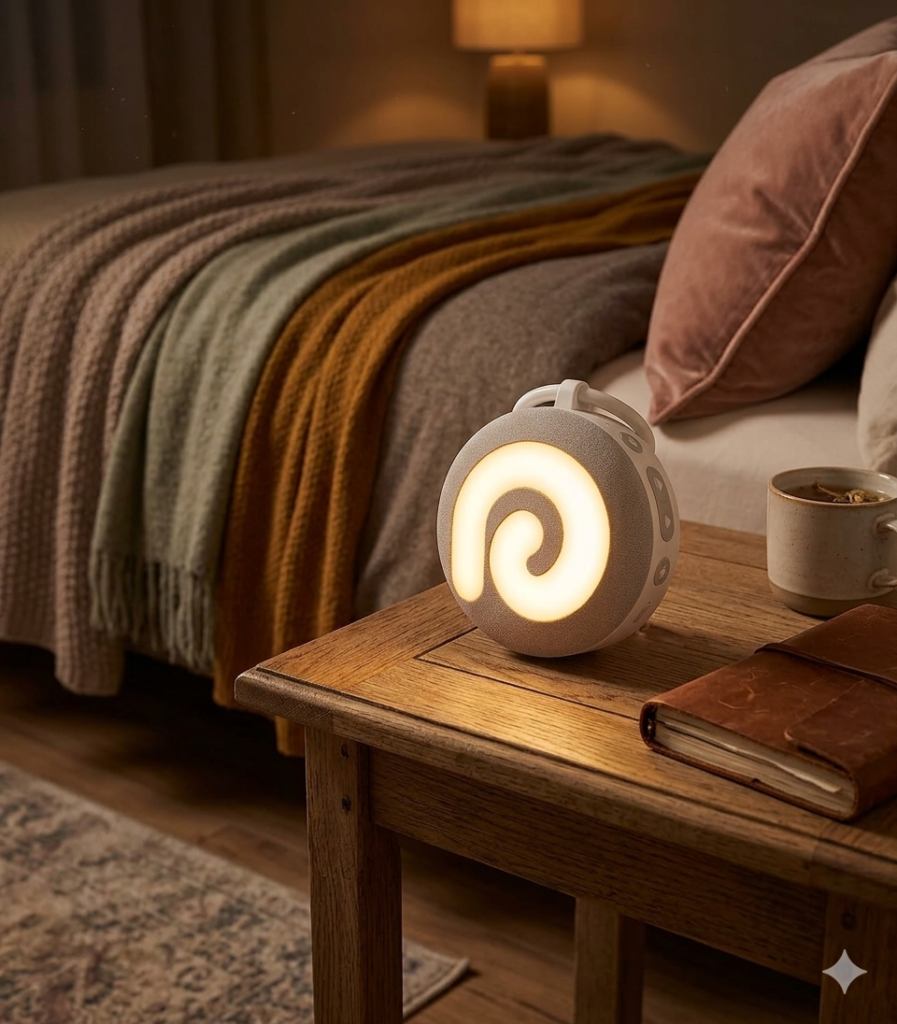 Sleep Tech: The Smart 2026 Bedroom Revolution for Deeper, Restorative Sleep. 3 A high-tech round white noise machine and sound therapy device, emitting a soft warm spiral glow on a rustic wooden nightstand. Features side control buttons and sits next to a leather-bound journal and a ceramic tea mug in a cozy, dimly lit bedroom with layered knit blankets.