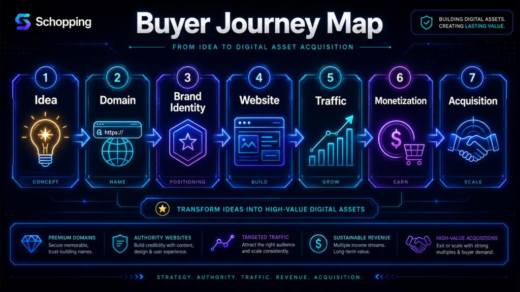 Starter Websites Buyer Journey Map for Digital Asset Growth Starter websites buyer journey map showing idea, domain, brand identity, website, traffic, monetization and acquisition for digital asset buyers