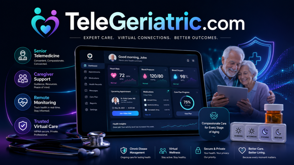 TeleGeriatric senior telemedicine platform showing virtual geriatric care, caregiver support, remote monitoring, medication management and secure online health consultations seo optimized new websites