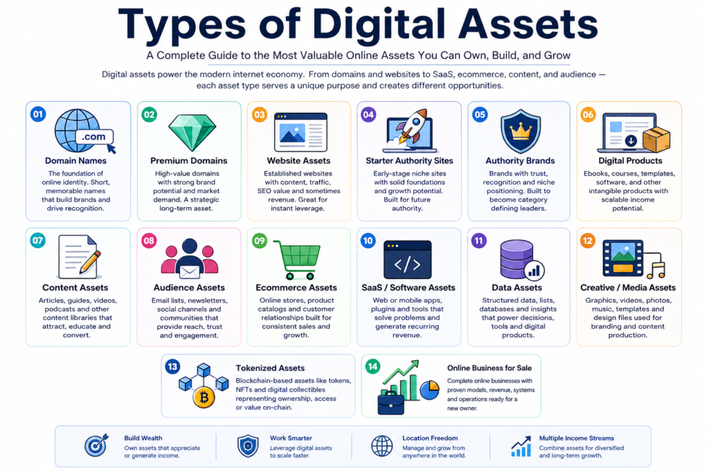 Types of digital assets infographic showing domain names, premium domains, website assets, authority brands, digital products, SaaS, ecommerce, data assets and online businesses for sale.