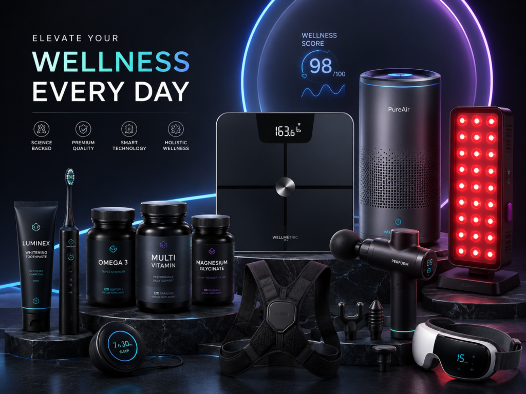 Precision Shopping Center | Fast & Simplified 9 Wellness supplements and gadgets hero image showing smart scale, air purifier, red light therapy device, massage gun, eye massager, toothbrush, toothpaste and daily supplements