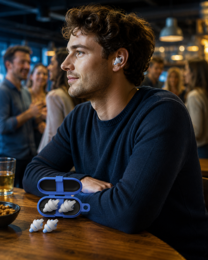 Man wearing Alpine SleepDeep earplugs in a busy and noisy social environment, demonstrating noise reduction and hearing protection while remaining comfortable and relaxed.