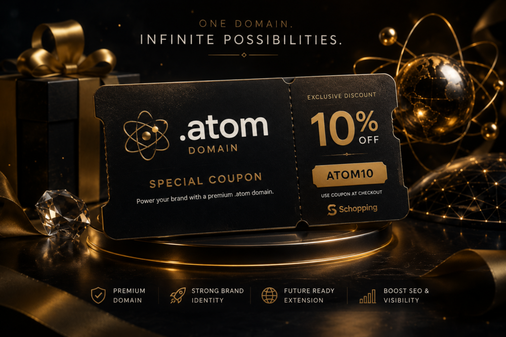 Atom domain coupon image showing a luxury black and gold special coupon for .atom domain discounts, premium domains, brand identity and Schopping digital assets.