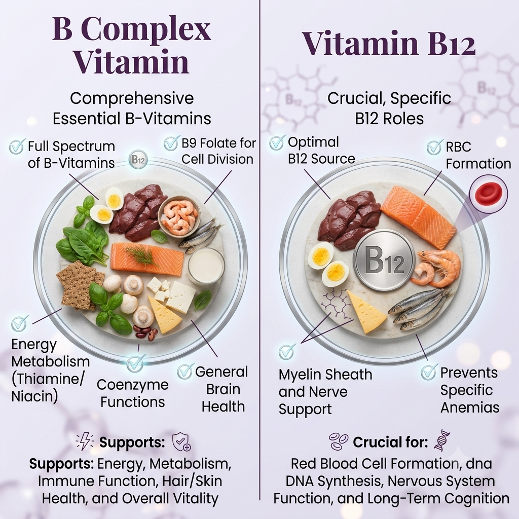 Best Vitamin B12 Supplement (2026) | Benefits, Reviews & Top List 24 A split-screen comparison infographic titled B Complex Vitamin vs Vitamin B12. The left side shows a plate with diverse foods representing a full spectrum of B vitamins and their health supports. The right side shows a plate with B12-rich foods highlighting specific roles like RBC formation and nerve support.