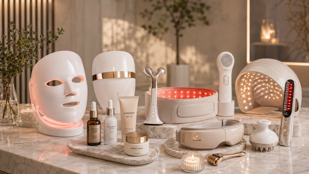 Best Wellness Products: Supplements, Gadgets and Health Tools 6 Beauty, skin and longevity devices including red light therapy mask, LED face mask, microcurrent device, facial cleansing brush, eye massager, scalp massager, derma roller and skincare serums