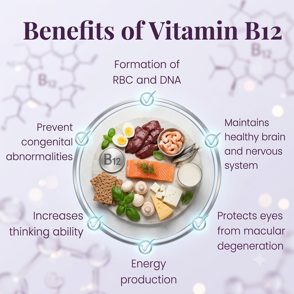 Best Vitamin B12 Supplement (2026) | Benefits, Reviews & Top List 3 Educational scientific infographic illustrating the benefits of b12 vitamin, displaying a central plate of rich food sources surrounded by clear health benefit labels like red blood cell formation and cognitive support.