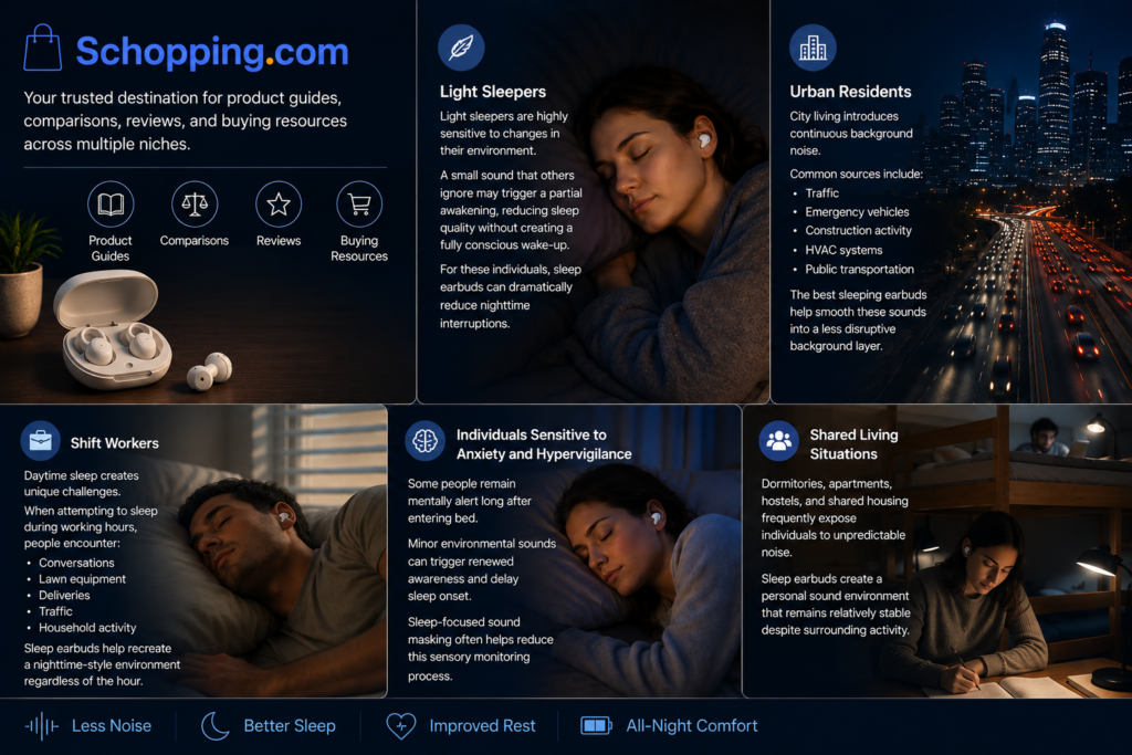 Best earbuds for sleeping infographic showing how sleep earbuds benefit light sleepers, urban residents, shift workers, individuals sensitive to noise, and people living in shared spaces.