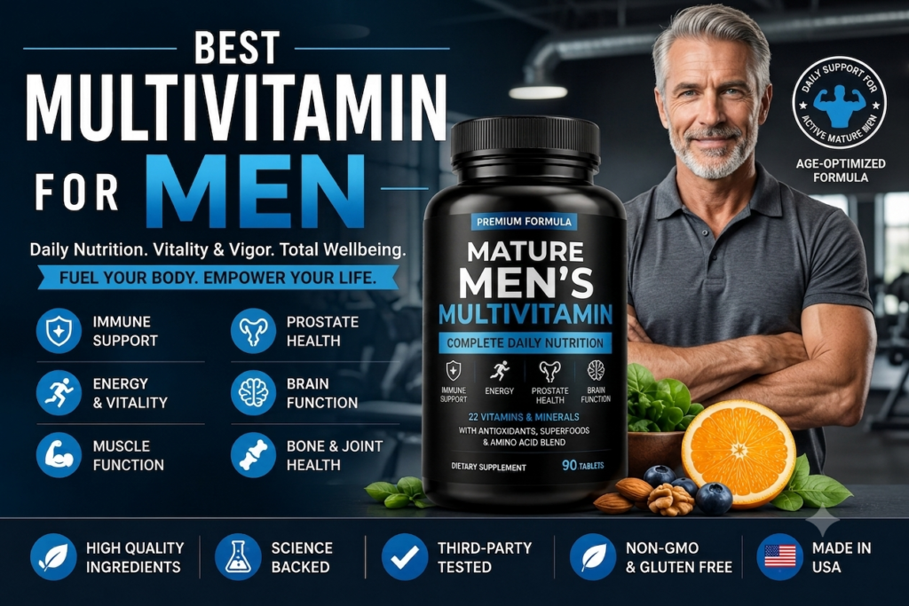 Best men's multivitamin product infographic featuring a premium black bottle and a fit, healthy mature man with graying hair in a gym setting.