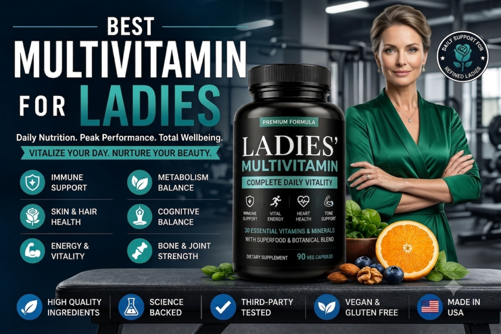 Best multivitamin for ladies product infographic featuring a premium black bottle and an elegant woman in a green silk blouse in a gym setting.
