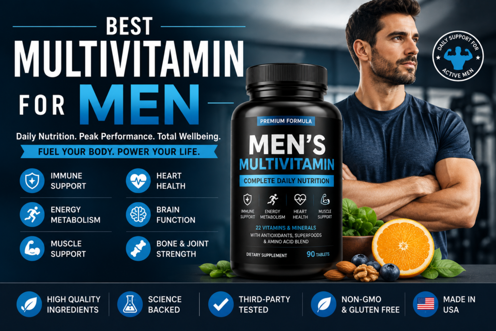 Best multivitamin for men hero image featuring a premium men's multivitamin bottle, athletic man, fresh fruits, leafy greens, and healthy ingredients representing daily nutrition, energy, immune support, and muscle performance.