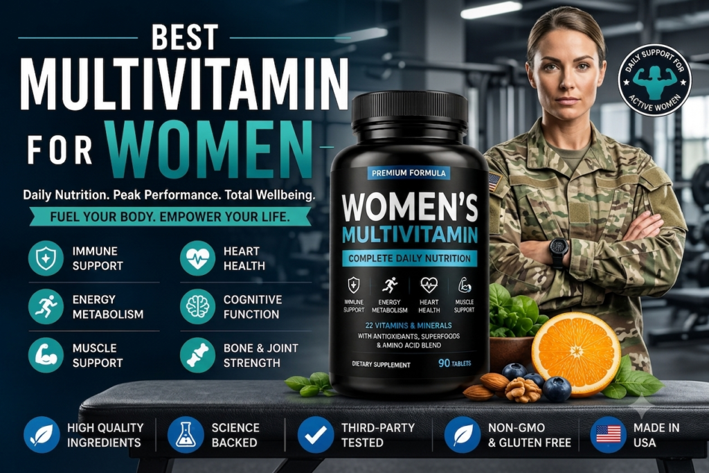 Best multivitamin for women product infographic featuring a premium black supplement bottle alongside a woman in military uniform in a gym setting.
