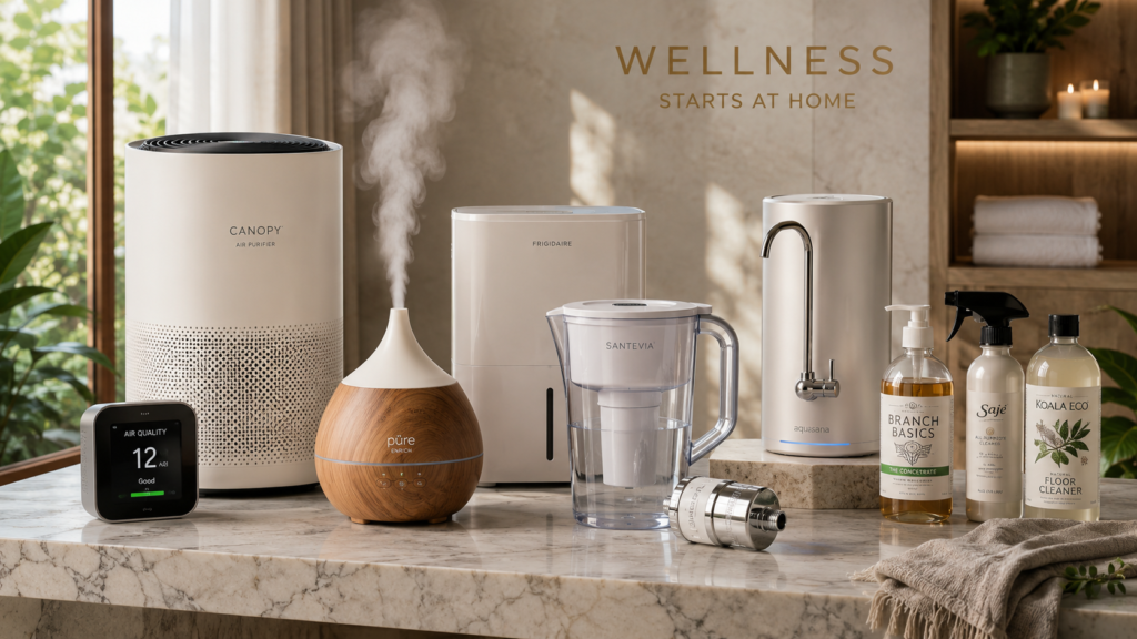 Best Wellness Products: Supplements, Gadgets and Health Tools 4 Best products for health and wellness including air purifier, air quality monitor, humidifier, dehumidifier, water filter pitcher, countertop water filter, shower filter and non-toxic home products