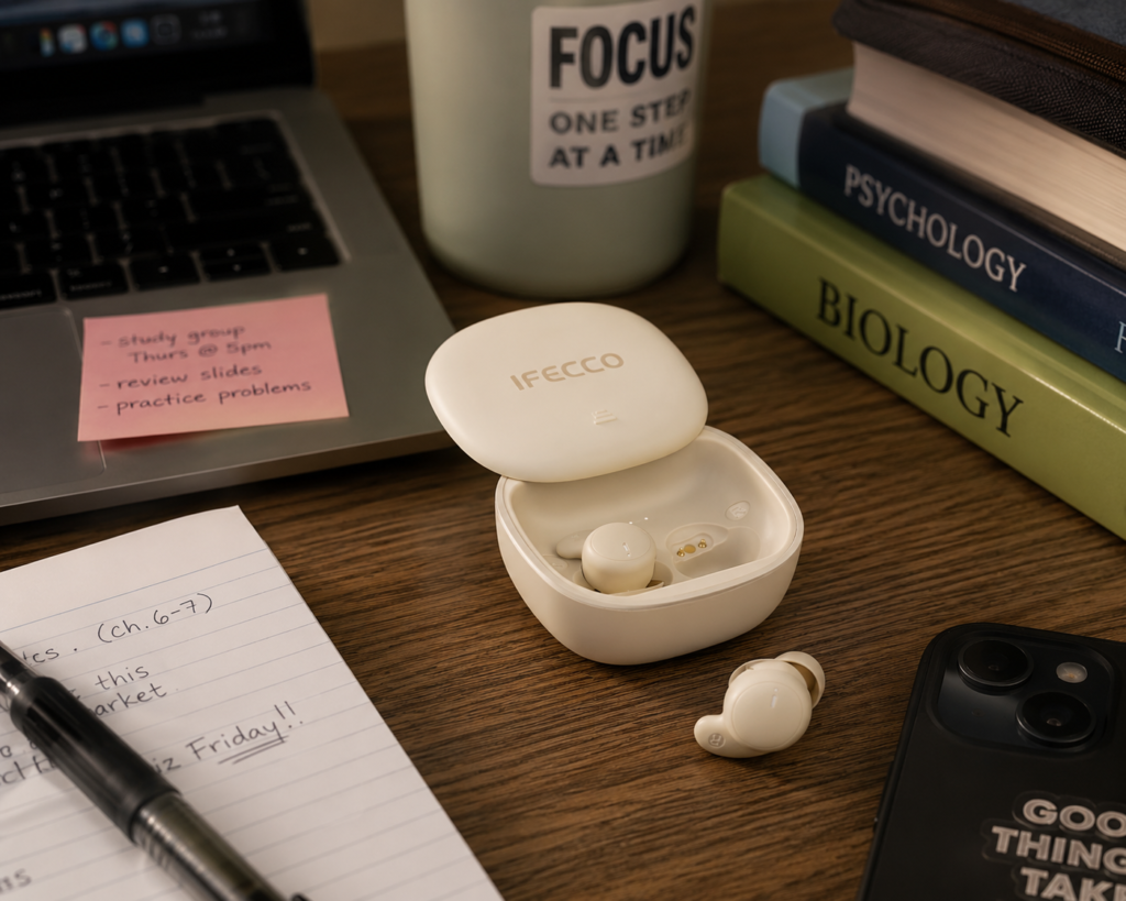 IFECCO sleep earbuds and charging case on a college student's study desk, showcasing budget-friendly sleep earbuds designed for comfortable nighttime listening and better sleep.