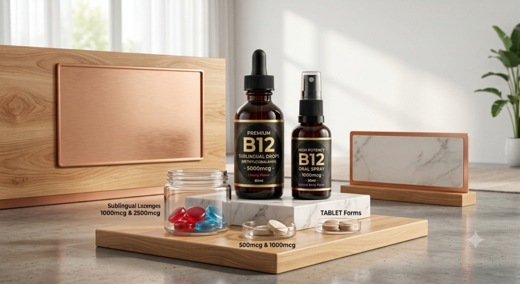 Best Vitamin B12 Supplement (2026) | Benefits, Reviews & Top List 4 A collection of premium Vitamin B12 supplement forms including methylcobalamin drops, oral spray, lozenges, and tablets displayed on a wood and marble surface.