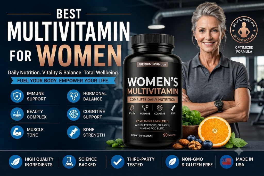 Best women's multivitamin product infographic showcasing a premium black bottle alongside a healthy, smiling mature woman with graying hair in a gym setting.