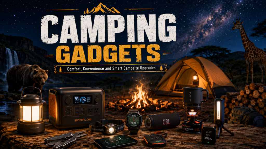 Outdoor Tech: The Complete Guide to Smart Camping, Hiking, Power, Navigation & Off-Grid Gear 8 Camping gadgets arranged at a dark night campsite with a tent, campfire, firewood, outdoor gear, and animal figures including a bear and giraffe.
