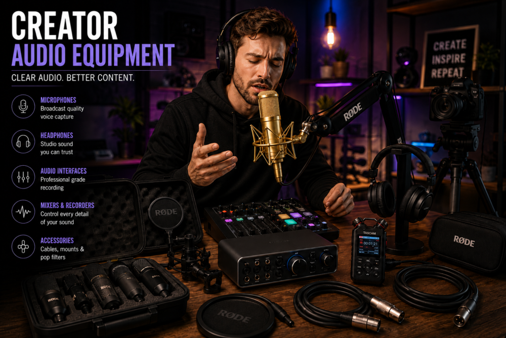 Creator Gear Guide 2026: Best Cameras, Streaming & Creator Setups 3 Creator audio equipment setup with a serious singer using a gold-plated microphone, studio headphones, audio interface, mixer, recorder, and professional recording gear.