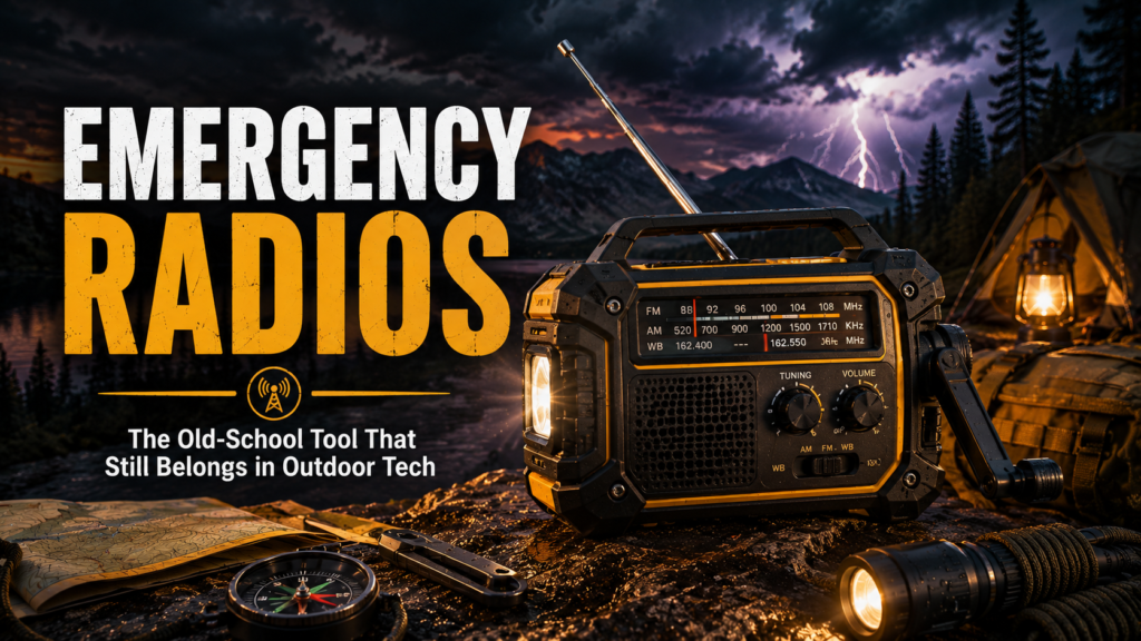 Outdoor Tech: The Complete Guide to Smart Camping, Hiking, Power, Navigation & Off-Grid Gear 7 Emergency radio with built-in light and antenna displayed in an outdoor camping scene with survival gear, storm clouds, and lightning in the background.