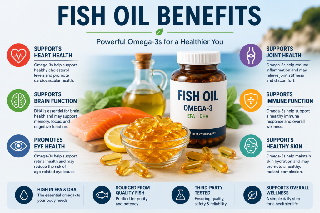 Best Fish Oil Supplement (2026): Benefits, Reviews & Omega-3 Guide 2 Fish oil benefits infographic showing omega-3 fish oil capsules, salmon, and key health benefits including heart, brain, eye, joint, immune, and skin support.