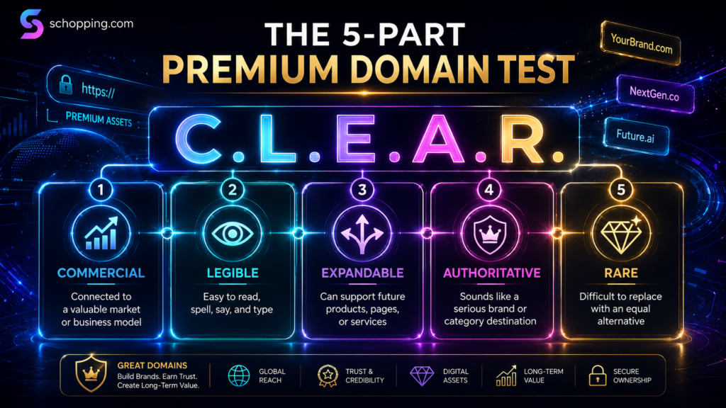 What Is a Premium Domain? True Value, Benefits, Trends & Buying Logic 2 The 5-Part Premium Domain Test infographic showing the C.L.E.A.R. framework for evaluating premium domain value, brand strength, commercial intent, and rarity.