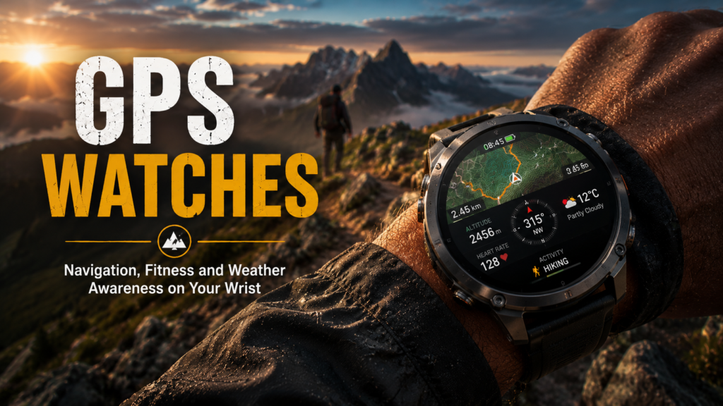 Outdoor Tech: The Complete Guide to Smart Camping, Hiking, Power, Navigation & Off-Grid Gear 5 GPS watch on a human wrist showing navigation, fitness stats, altitude, heart rate, and weather data during a mountain hike.