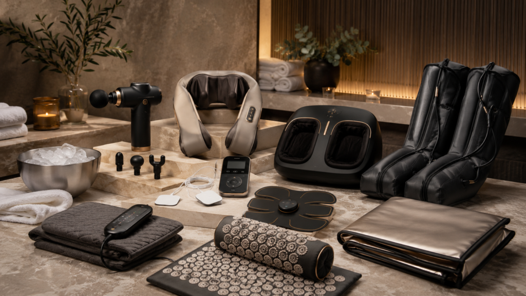 Best Wellness Products: Supplements, Gadgets and Health Tools 3 Premium health and wellness products for recovery, pain relief and body care including massage gun, neck massager, heating pad, TENS unit, compression boots, acupressure mat and sauna blanket
