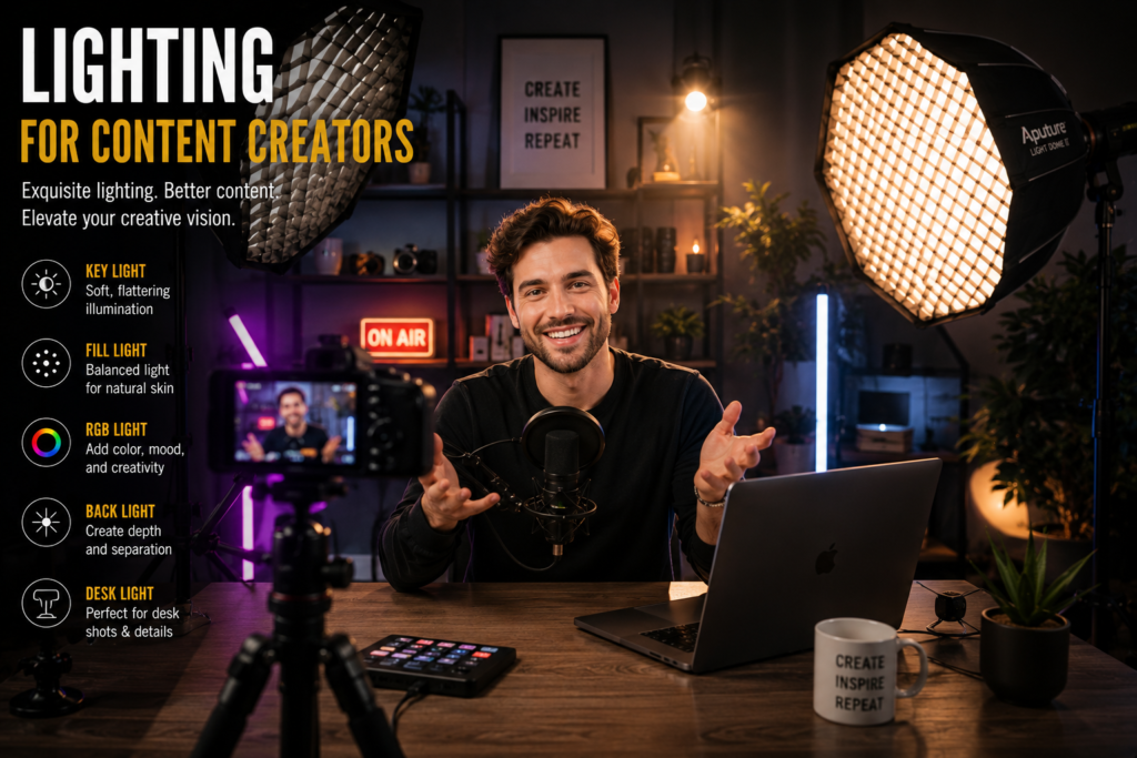 Creator Gear Guide 2026: Best Cameras, Streaming & Creator Setups 4 Lighting for content creators setup with a happy creator in a home studio surrounded by softbox lights, RGB lights, camera, microphone, and laptop.