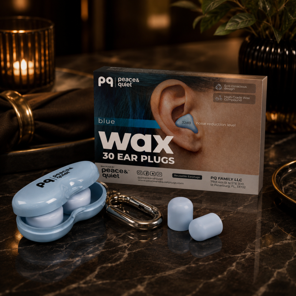 Premium wax earplugs displayed in a luxury setting on a dark marble table with elegant lighting, showcasing comfortable sleep earplugs designed for noise reduction and better sleep.