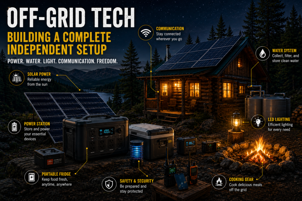 Outdoor Tech: The Complete Guide to Smart Camping, Hiking, Power, Navigation & Off-Grid Gear 9 Off grid tech setup with solar panels, portable power station, water system, LED lighting, communication gear, and a remote cabin at night.
