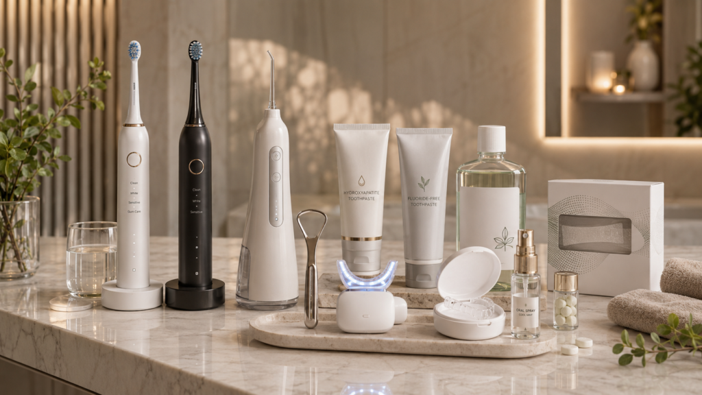 Best Wellness Products: Supplements, Gadgets and Health Tools 5 Premium oral care and hygiene technology products including electric toothbrushes, sonic toothbrush, water flosser, tongue scraper, hydroxyapatite toothpaste, fluoride-free toothpaste, mouthwash and teeth whitening kit