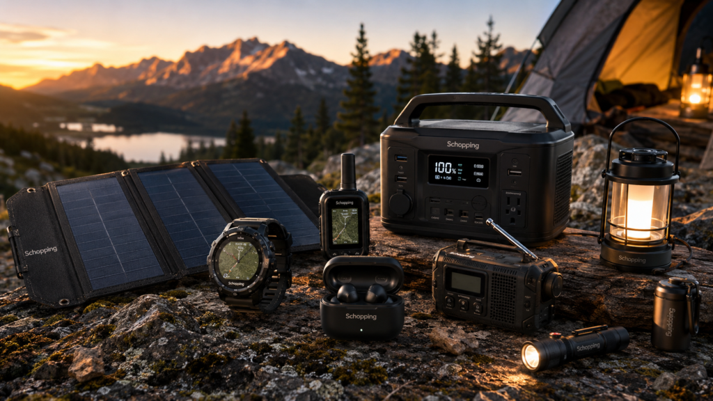 Schopping | Shopping Guides for Smarter Buying Decisions 12 Outdoor tech hero image with Schopping branded outdoor gadgets, solar charger, GPS watch, satellite communicator, rugged earbuds, emergency radio and portable power station for modern shopping guides.