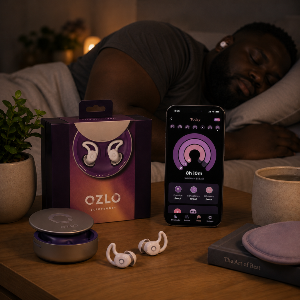 Ozlo earbuds and Ozlo Sleepbuds displayed on a bedside table with charging case and sleep tracking app beside a sleeping user in a cozy bedroom.