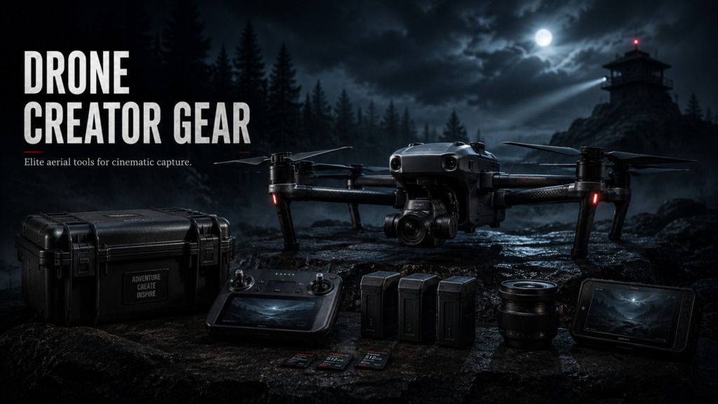 Creator Gear Guide 2026: Best Cameras, Streaming & Creator Setups 5 Photography drone with camera, controller, batteries, storage cards, and creator gear displayed in a dark cinematic outdoor setting.