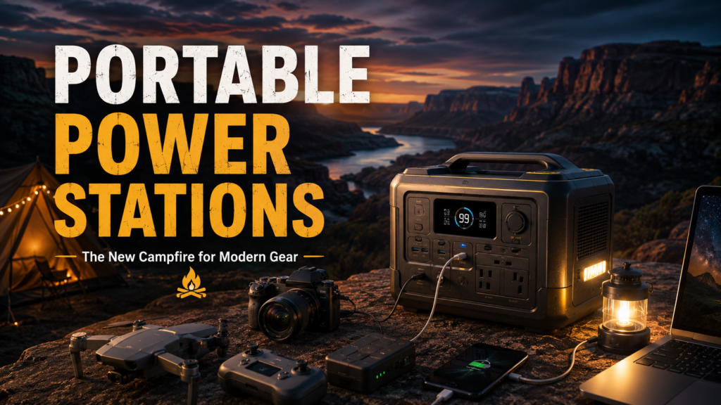 Outdoor Tech: The Complete Guide to Smart Camping, Hiking, Power, Navigation & Off-Grid Gear 4 Portable power station charging modern camping gear beside a lantern, drone, camera, laptop, and smartphone in a dramatic outdoor canyon campsite.