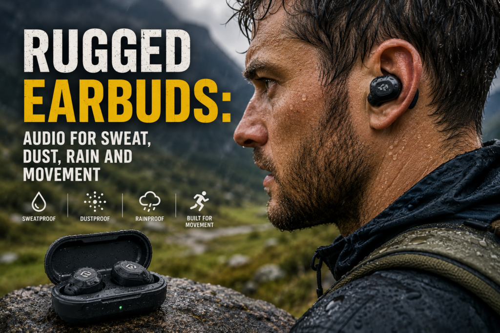 Outdoor Tech: The Complete Guide to Smart Camping, Hiking, Power, Navigation & Off-Grid Gear 6 Rugged earbuds worn outdoors in wet conditions, designed for sweat, dust, rain, and movement, with the charging case shown in a rugged landscape.