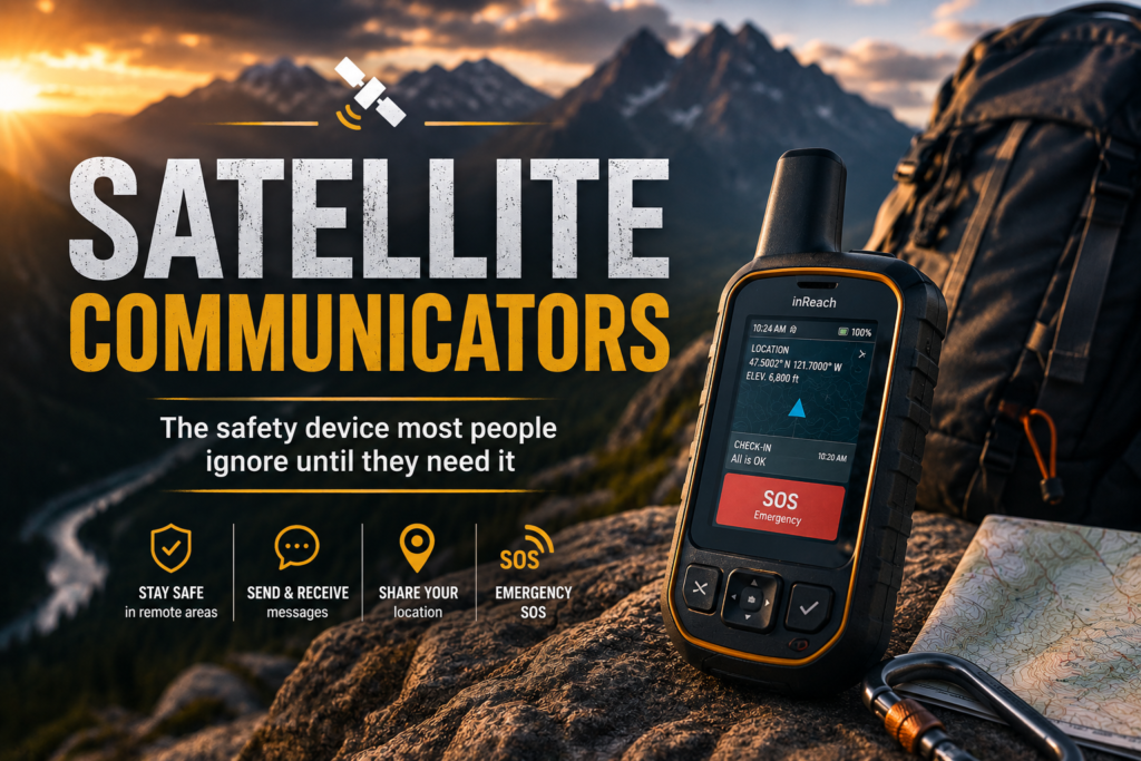 Outdoor Tech: The Complete Guide to Smart Camping, Hiking, Power, Navigation & Off-Grid Gear 2 Satellite communicator device displayed on a mountain ridge with a rugged backpack and dramatic outdoor landscape, highlighting remote safety and emergency communication.