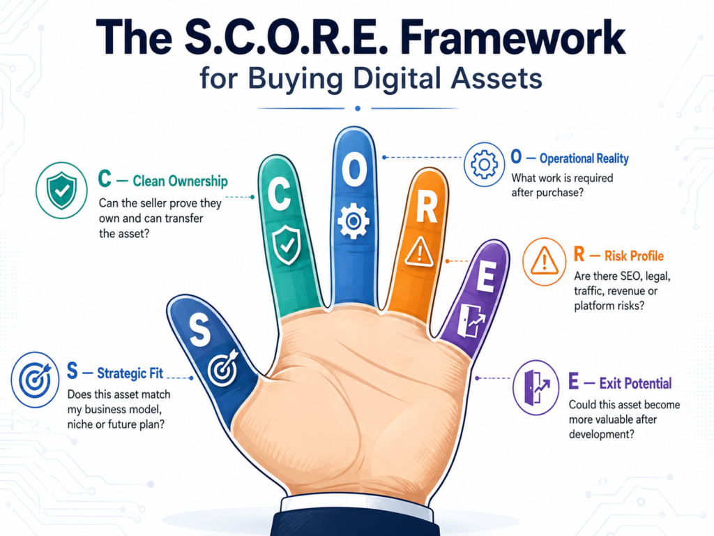 How to Buy Digital Assets Smartly 2 S.C.O.R.E. framework for buying digital assets showing five fingers for strategic fit, clean ownership, operational reality, risk profile and exit potential.