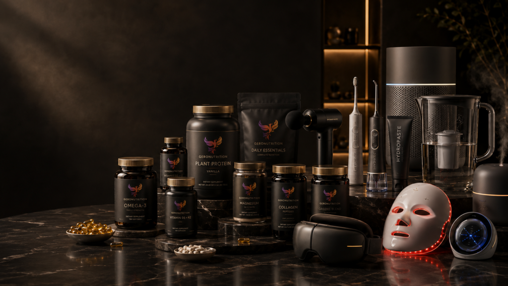 Schopping | Shopping Guides for Smarter Buying Decisions 9 Dark luxury Schopping homepage image for shopping guides and buying guides featuring Geronutrition wellness supplements, Hydropaste oral care products, red light mask, massage gun, air purifier, water filter and high-tech wellness gadgets