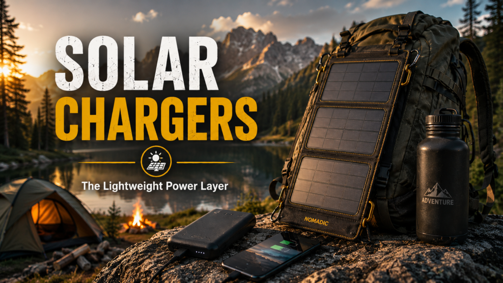 Outdoor Tech: The Complete Guide to Smart Camping, Hiking, Power, Navigation & Off-Grid Gear 3 Solar chargers attached to a hiking backpack beside a power bank and smartphone in an outdoor camping setting near a mountain lake.