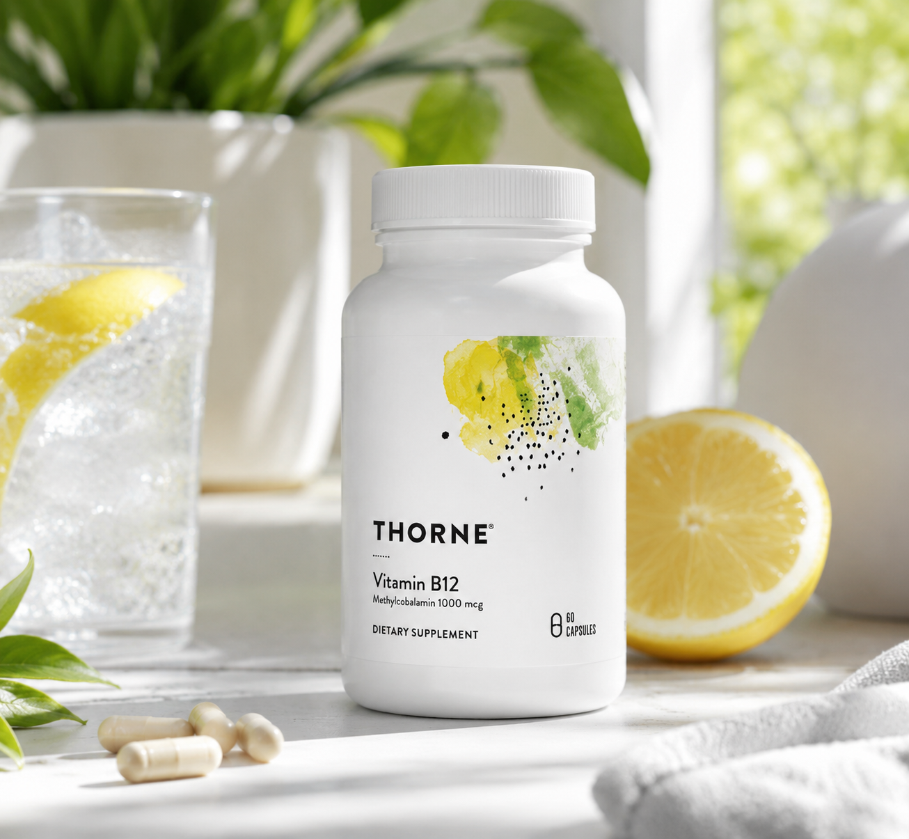 Best Vitamin B12 Supplement (2026) | Benefits, Reviews & Top List 5 Thorne Vitamin B12 Methylcobalamin supplement bottle in a clean, healthy, energetic setting with natural light, fresh lemon, sparkling water, and green plants.