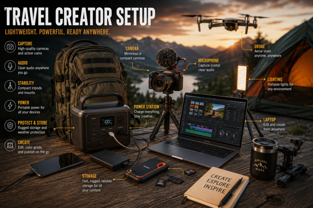 Creator Gear Guide 2026: Best Cameras, Streaming & Creator Setups 7 Travel creator setup with camera, drone, laptop, microphone, portable power station, lighting, storage drives, and creator gear at an outdoor campsite.