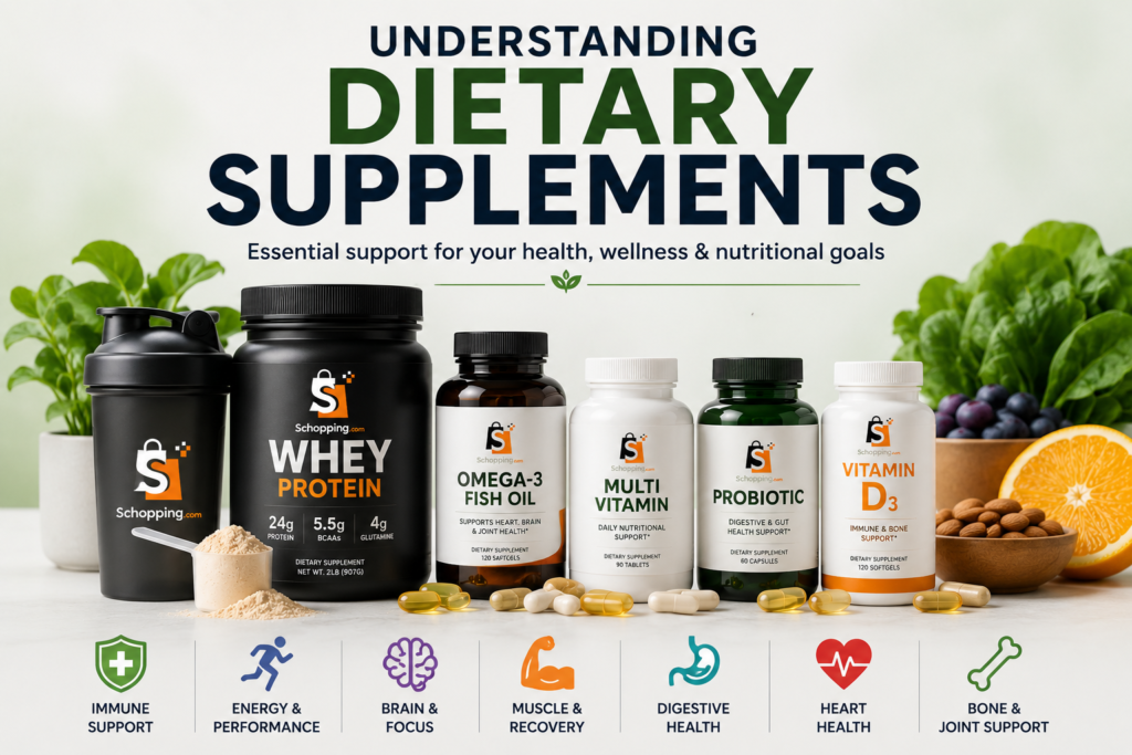 Supplements, Vitamins and Nutrition: The Complete Guide to Better Health 3 Understanding Dietary Supplements image featuring protein powder, multivitamins, omega-3 fish oil, probiotics, vitamin D3, capsules, and healthy foods illustrating the major categories of dietary supplements.