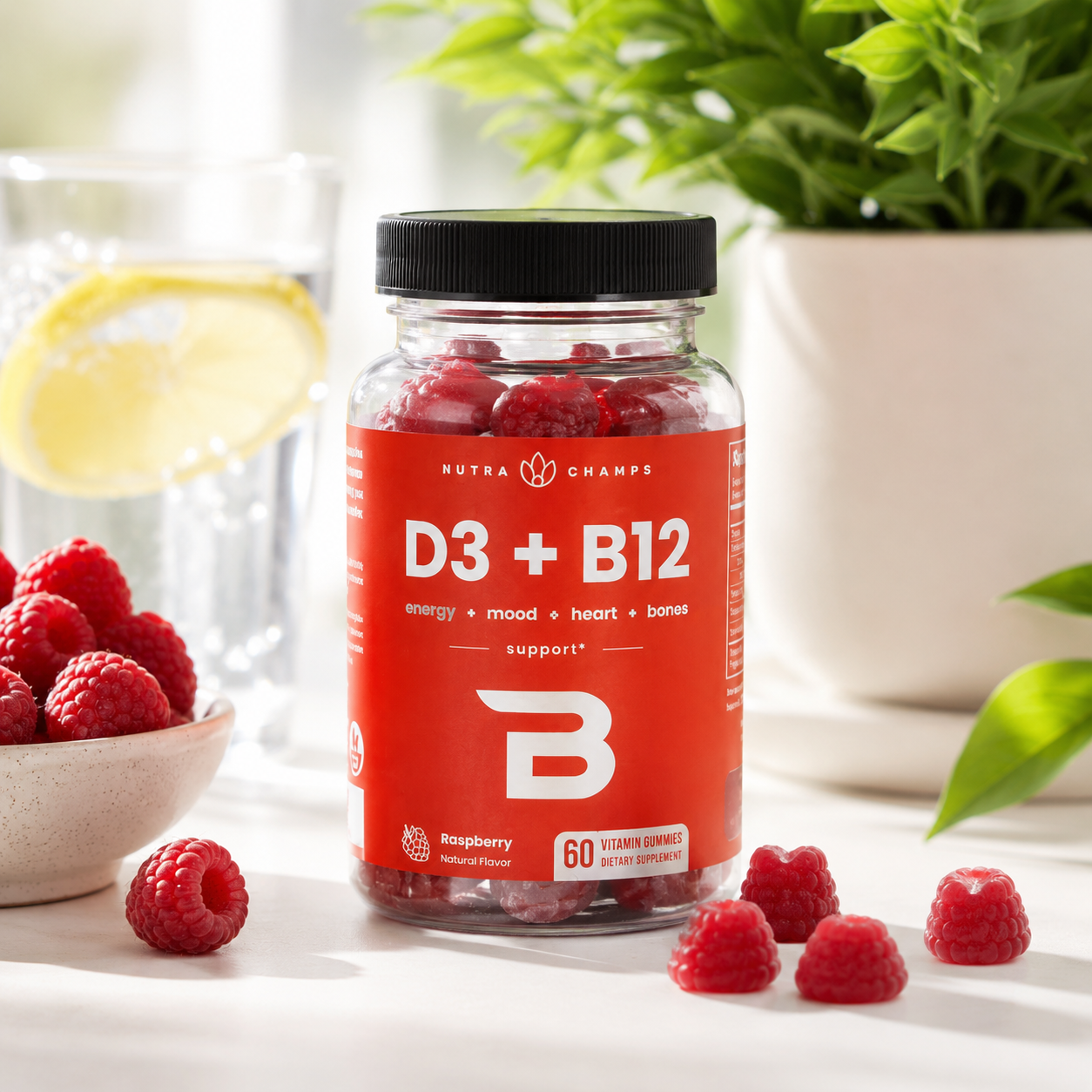 Best Vitamin B12 Supplement (2026) | Benefits, Reviews & Top List 9 Vitamin B12 and D3 gummy supplement bottle in a clean, healthy, energetic setting with raspberry gummies, fresh raspberries, natural light, lemon water, and green plants.