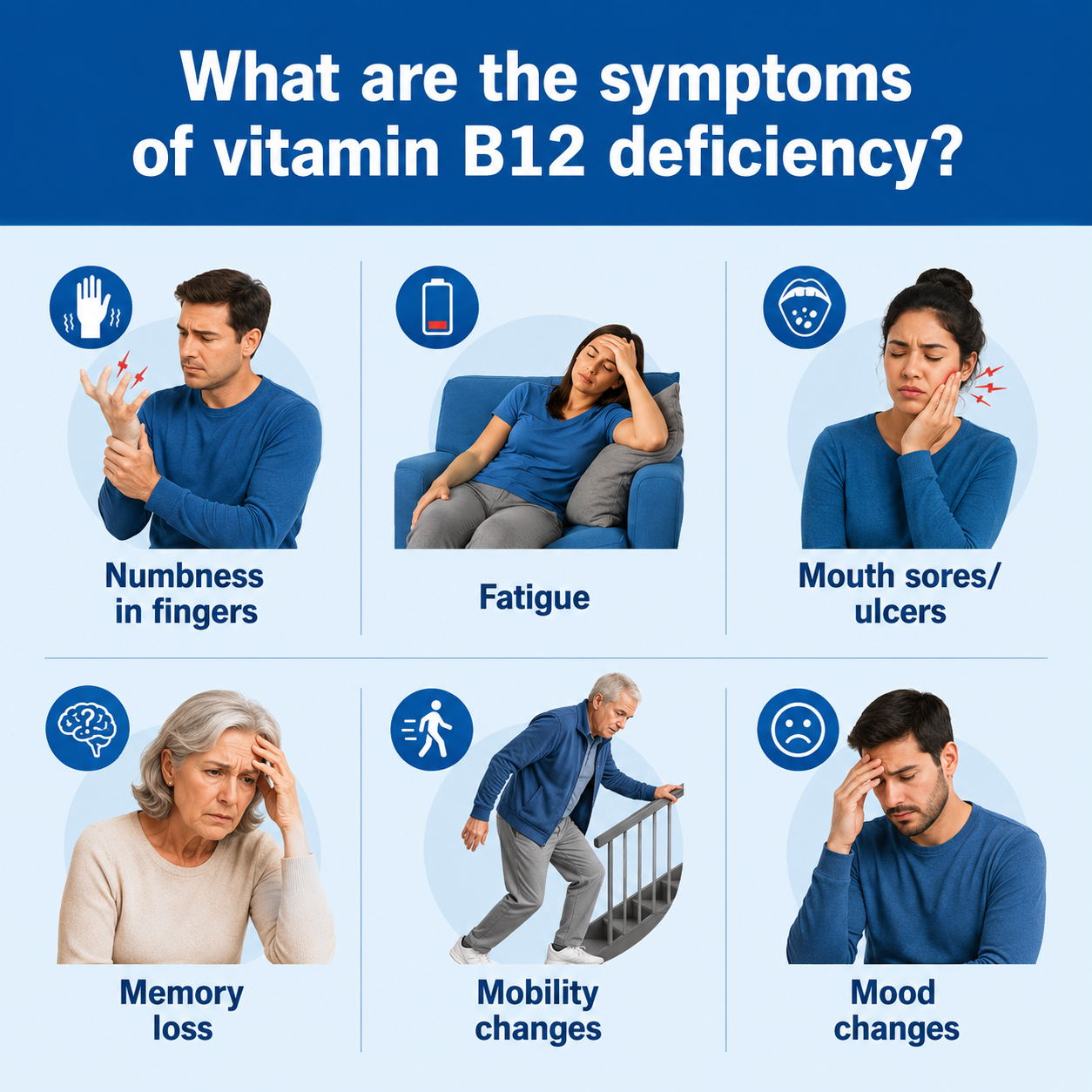 Best Vitamin B12 Supplement (2026) | Benefits, Reviews & Top List 2 Medical infographic illustrating common vitamin B12 deficiency symptoms including numbness in fingers, fatigue, mouth sores, memory loss, mobility changes, and mood changes.