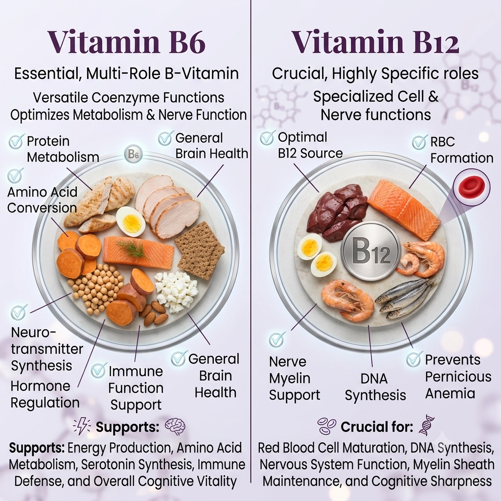 Best Vitamin B12 Supplement (2026) | Benefits, Reviews & Top List 22 A comprehensive split-screen comparison infographic comparing Vitamin B6 vs B12 food sources and health roles. The left side (B6) features a plate with foods like chicken, sweet potatoes, and fish, with labels for metabolism and immune function. The right side (B12) features a plate with foods like liver, salmon, and red blood cells, highlighting nerve support and DNA synthesis.