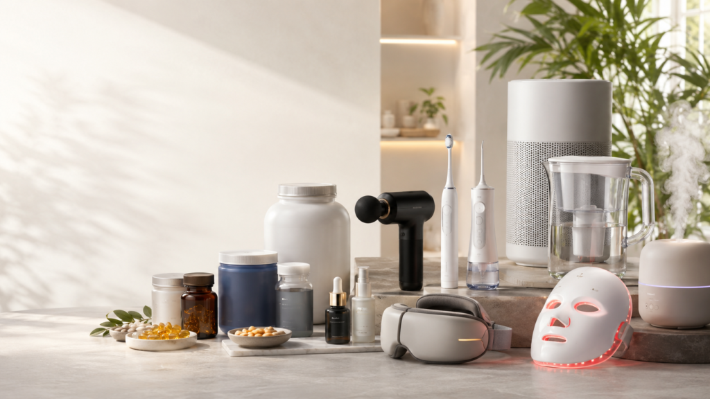 Best Wellness Products: Supplements, Gadgets and Health Tools 1 Wellness products including supplements, massage gun, electric toothbrush, water flosser, air purifier, water filter, humidifier and red light therapy mask