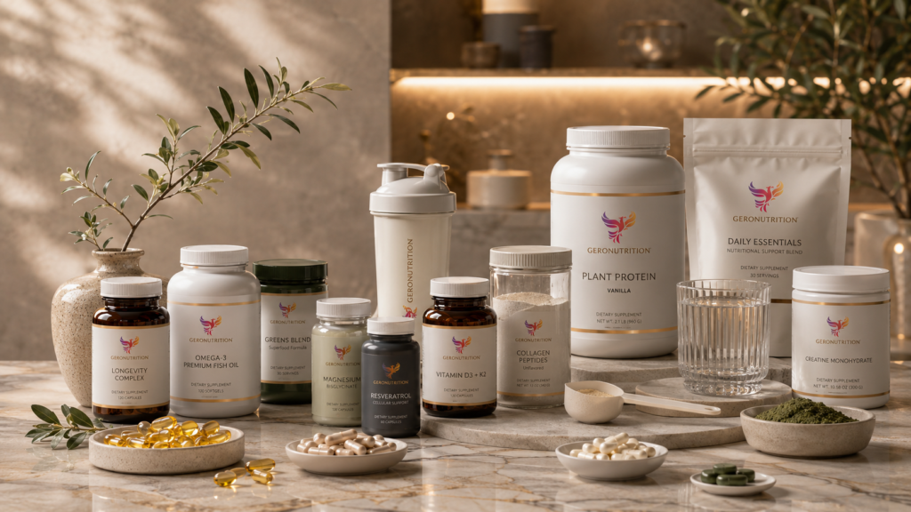 Best Wellness Products: Supplements, Gadgets and Health Tools 2 Premium wellness supplements by Geronutrition with vitamins, omega-3, magnesium, plant protein, collagen peptides, creatine, greens powder and longevity support capsules