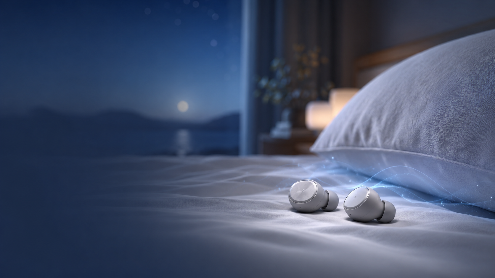 Best Sleep Earbuds on soft bedsheets beside a pillow in a peaceful nighttime bedroom